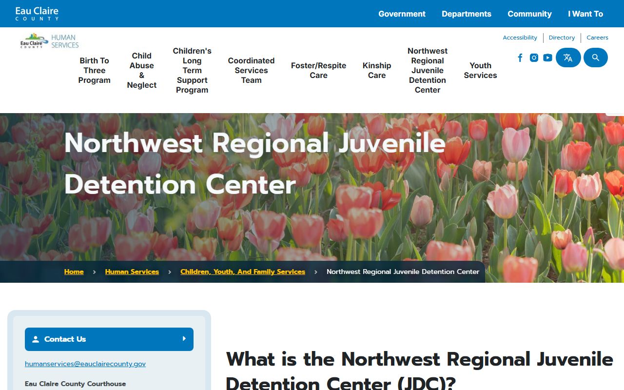 Northwest Regional Juvenile Detention Center county page showing capacity age range and purpose